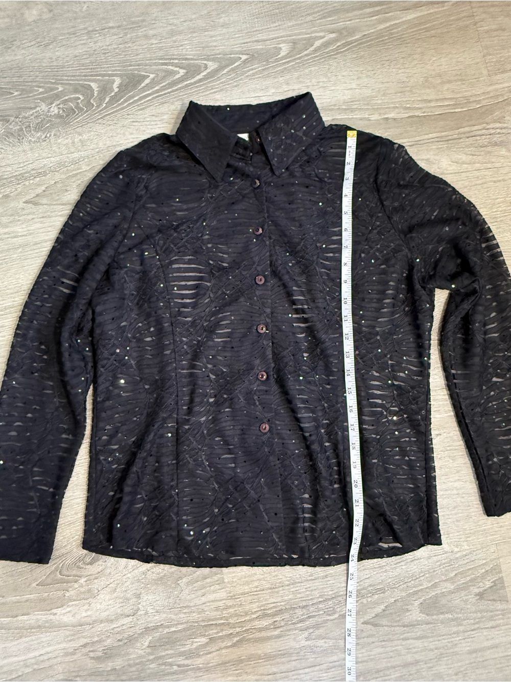 Misook Sheer Sequin Black Long-Sleeve Button Front Blouse - evening party Vegas - Picture 5 of 5